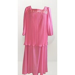 Vintage CUE Fashions Pink Pleated Lace Maxi Dress 70s Square Neck Long Sleeve